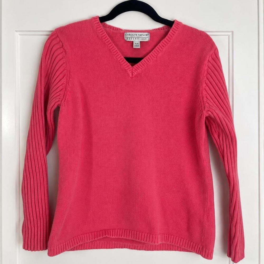 Carolyn Taylor Essentials Pink 100% Cotton V-Neck Sweater — Medium